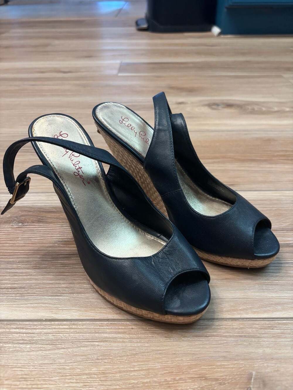 Lilly Pulitzer Women's Navy Blue Leather Peep Toe Wedge Slingback Sandals